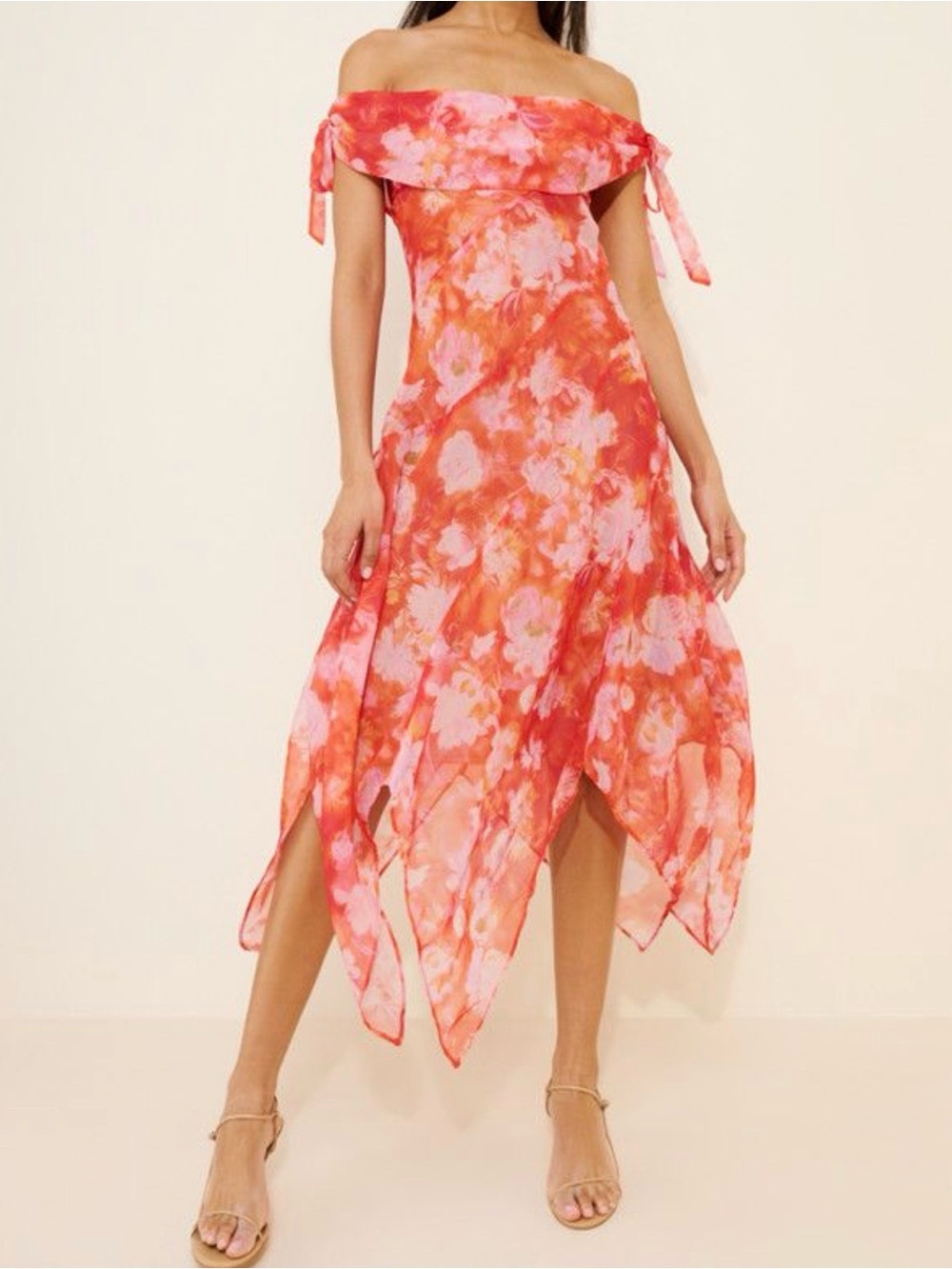 Free People Floral One-Shoulder Pink and Coral Handkerchief Dress